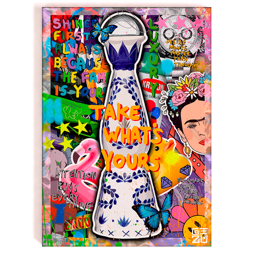 Colorful pop art collage with ceramic bottle and "Take What's Yours" text, artwork by GIZU 