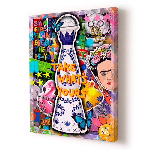 Colorful pop art collage with ceramic bottle and "Take What's Yours" text, artwork by GIZU 