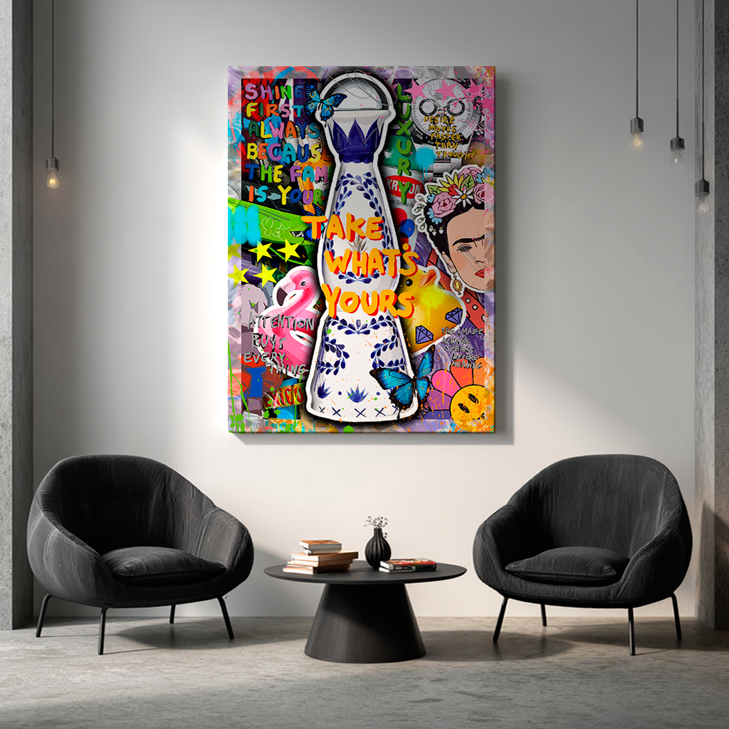 Colorful pop art collage with ceramic bottle and "Take What's Yours" text, artwork by GIZU 