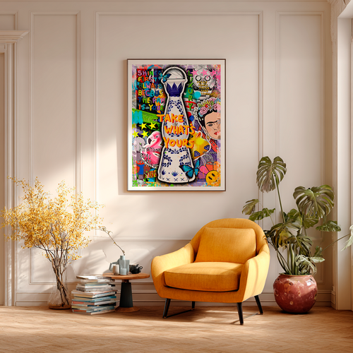 Colorful pop art collage with ceramic bottle and "Take What's Yours" text, artwork by GIZU 