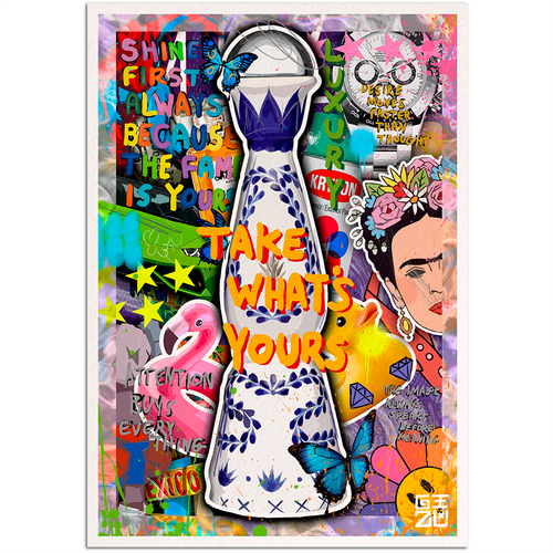 Colorful pop art collage with ceramic bottle and "Take What's Yours" text, artwork by GIZU 