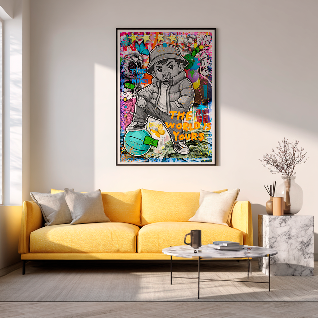 Pop art baby character standing on basketball with "The World Is Yours" text artwork by GIZU