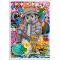 Pop art baby character standing on basketball with "The World Is Yours" text artwork by GIZU