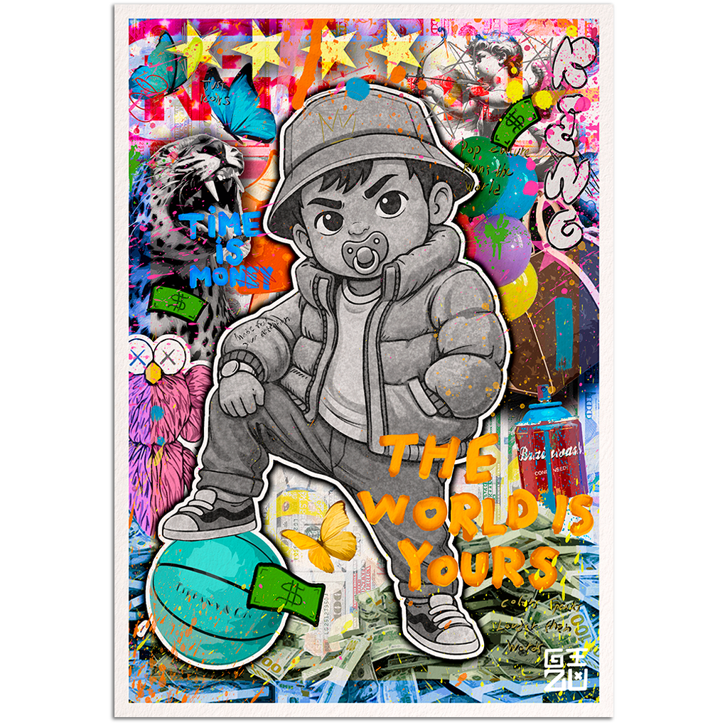 Pop art baby character standing on basketball with "The World Is Yours" text artwork by GIZU