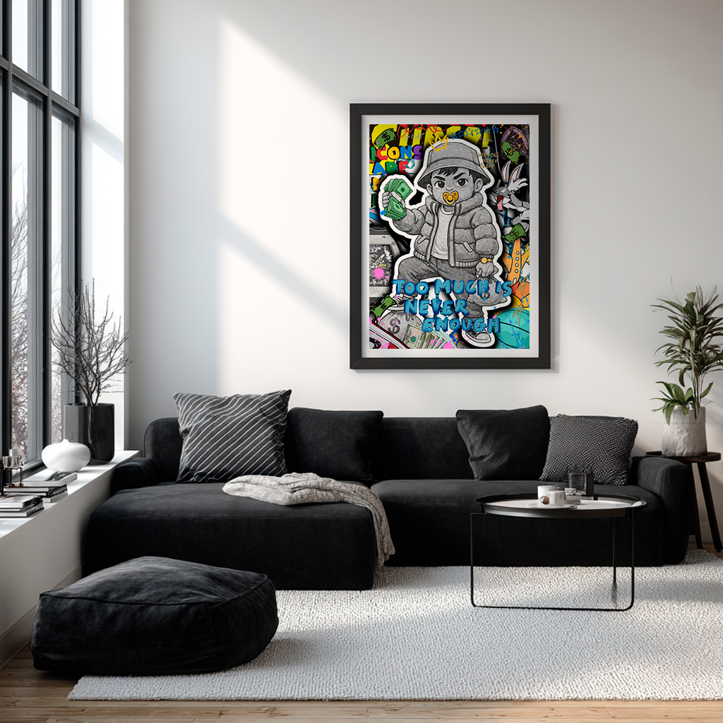 Pop art baby character holding cash with "Too Much Is Never Enough" text artwork by GIZU