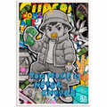 Pop art baby character holding cash with "Too Much Is Never Enough" text artwork by GIZU