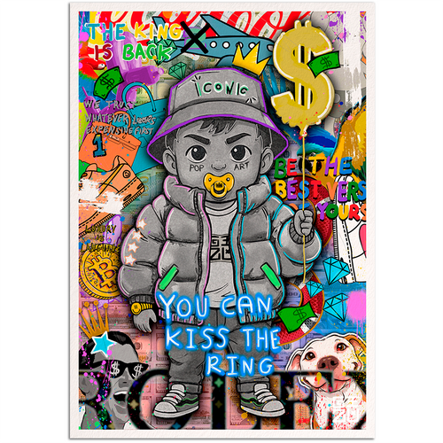 Pop art baby character holding dollar balloon with "You Can Kiss the Ring" text artwork by GIZU