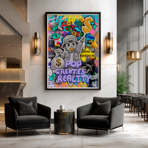 Pop art baby character holding money bag and dollar balloon with "Pop Creates Reality" text artwork by GIZU