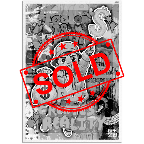 Black and white illustration with 'SOLD' stamp and colorful elements on a white background