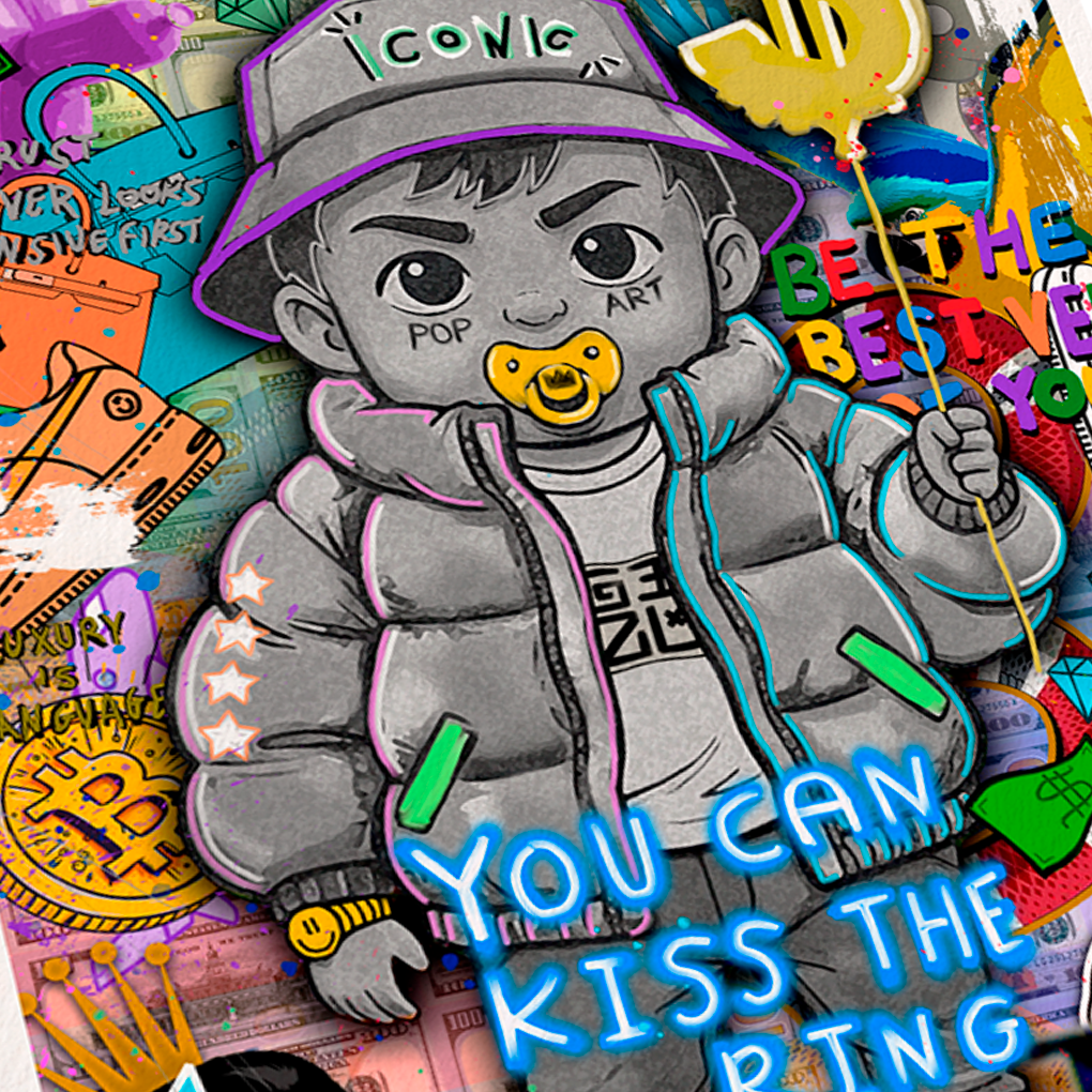 Pop art baby character holding dollar balloon with "You Can Kiss the Ring" text artwork by GIZU