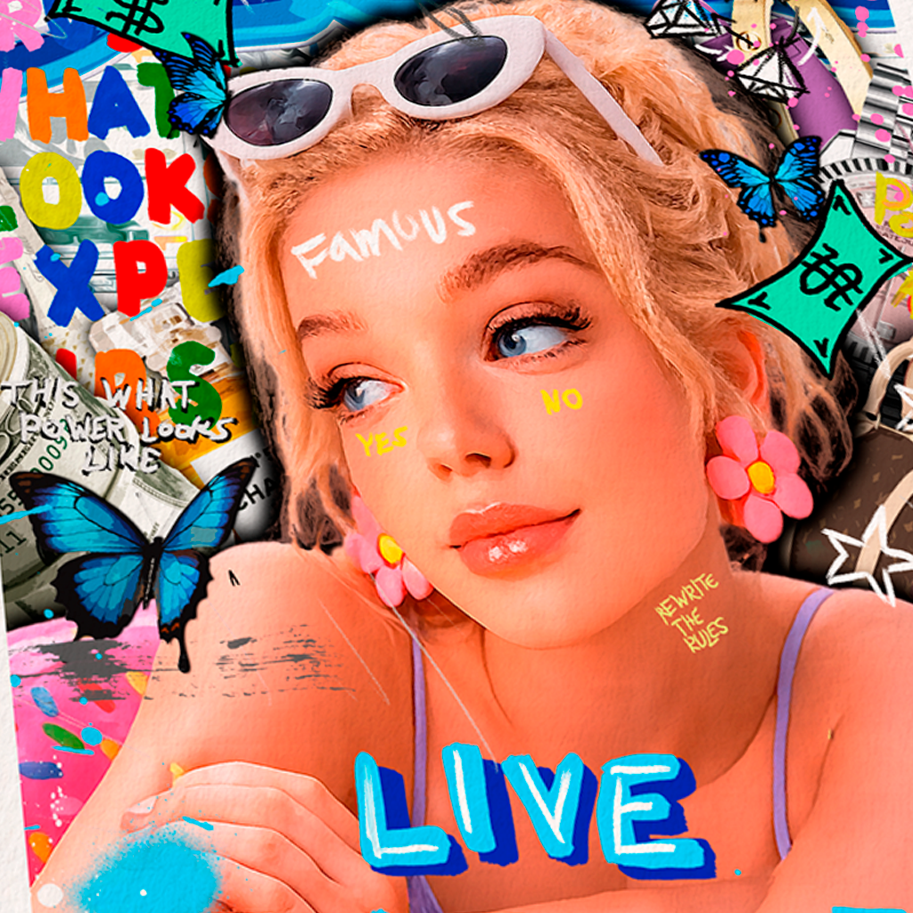 Collage of a person with colorful text and graphics, featuring the word 'LIVE'.