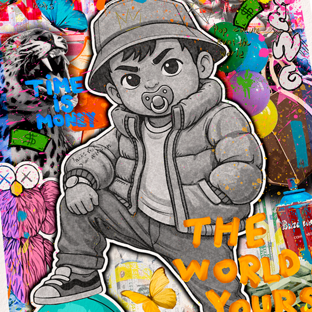 Pop art baby character standing on basketball with "The World Is Yours" text artwork by GIZU