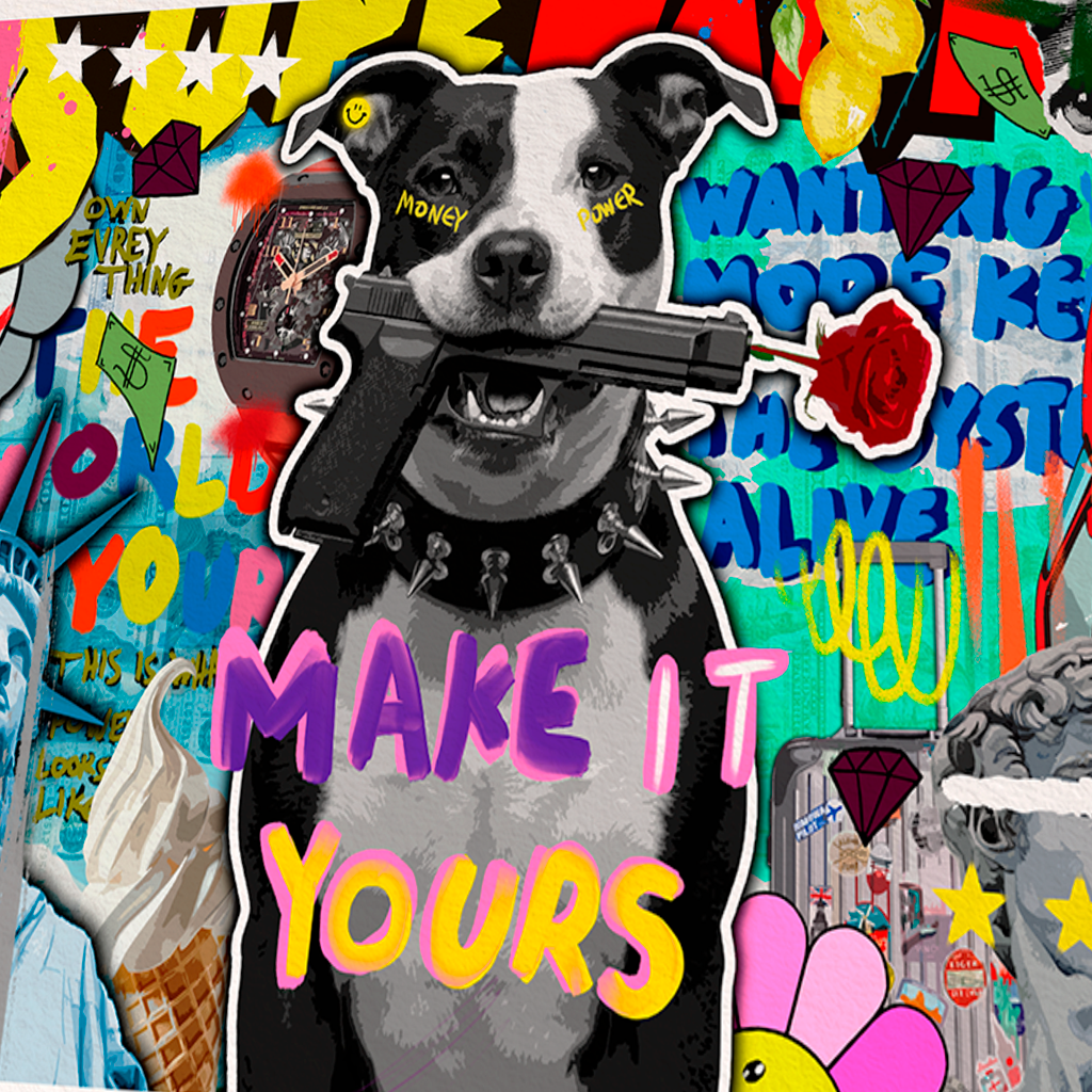 Dog with a rose in its mouth surrounded by colorful text and graphics