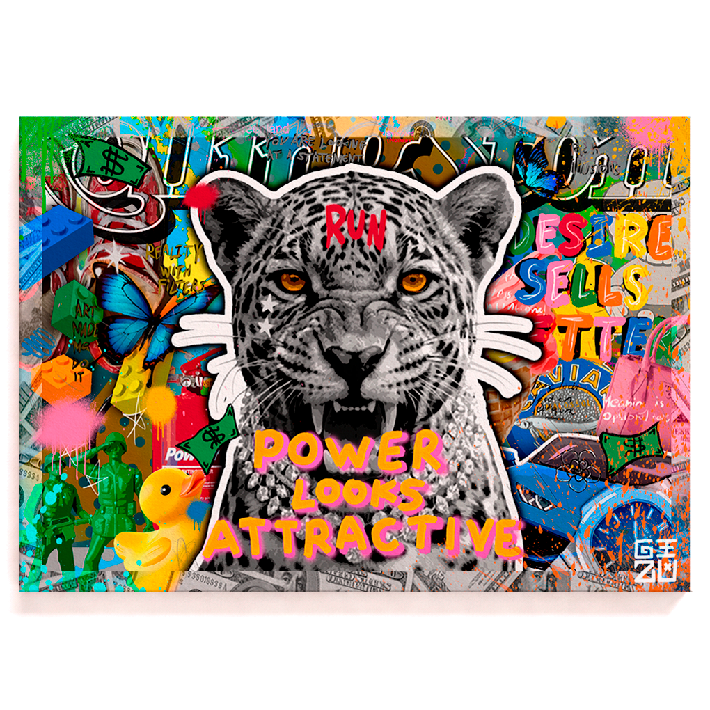 Pop art collage with roaring leopard and "Power Looks Attractive" statement artwork by GIZU
