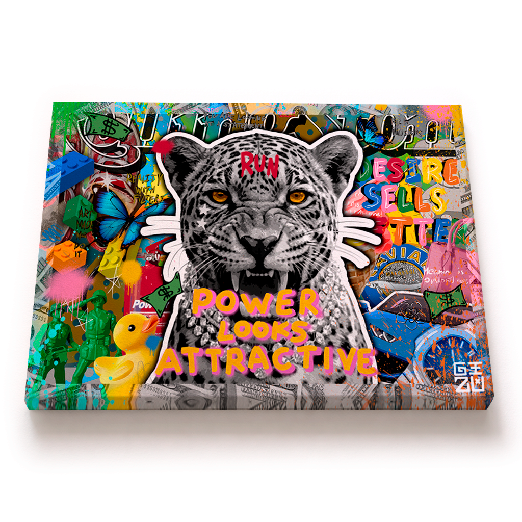 Pop art collage with roaring leopard and "Power Looks Attractive" statement artwork by GIZU