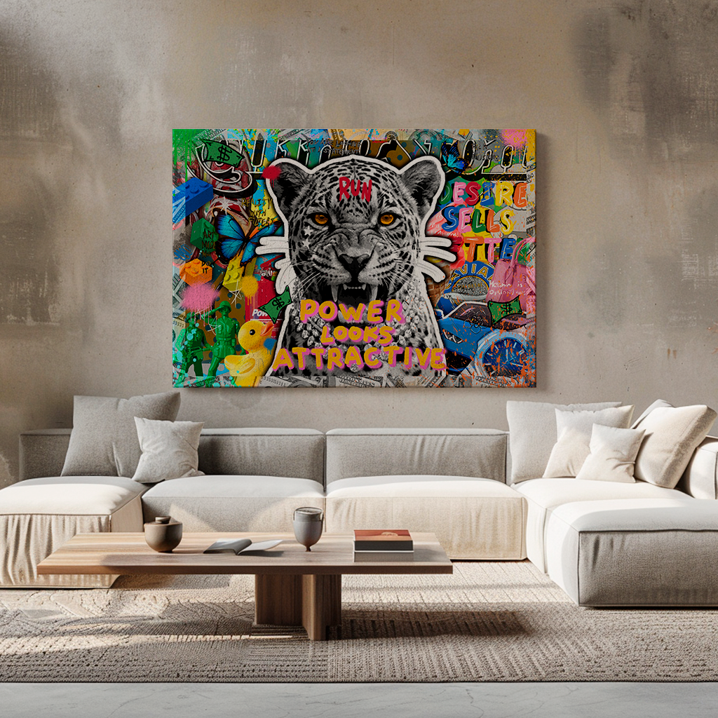 Pop art collage with roaring leopard and "Power Looks Attractive" statement artwork by GIZU