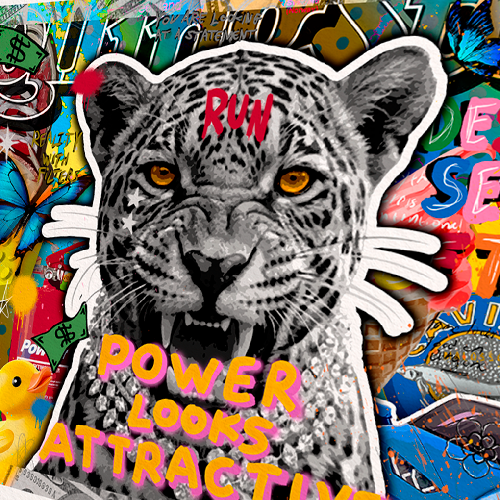 Pop art collage with roaring leopard and "Power Looks Attractive" statement artwork by GIZU
