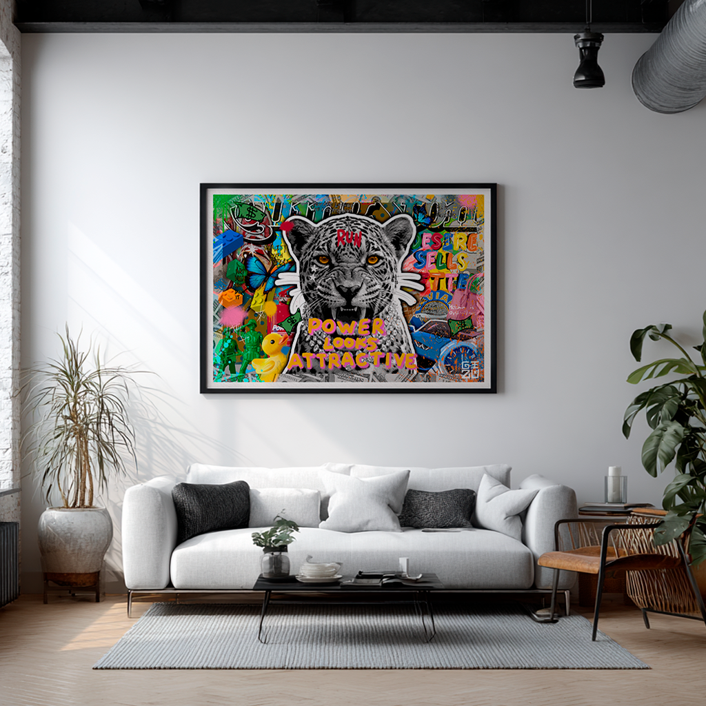 Pop art collage with roaring leopard and "Power Looks Attractive" statement artwork by GIZU