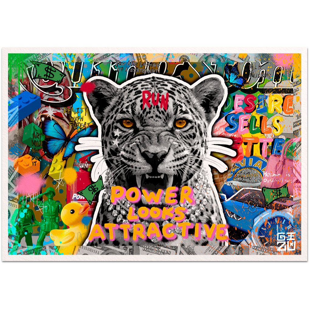 Pop art collage with roaring leopard and "Power Looks Attractive" statement artwork by GIZU
