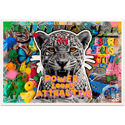Pop art collage with roaring leopard and "Power Looks Attractive" statement artwork by GIZU