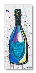 A vertical canvas art print featuring a stylized, colorful illustration of a champagne bottle. The bottle is rendered in vibrant shades of blue, purple, yellow, and black, set against a white background covered in multicolored paint splatters.