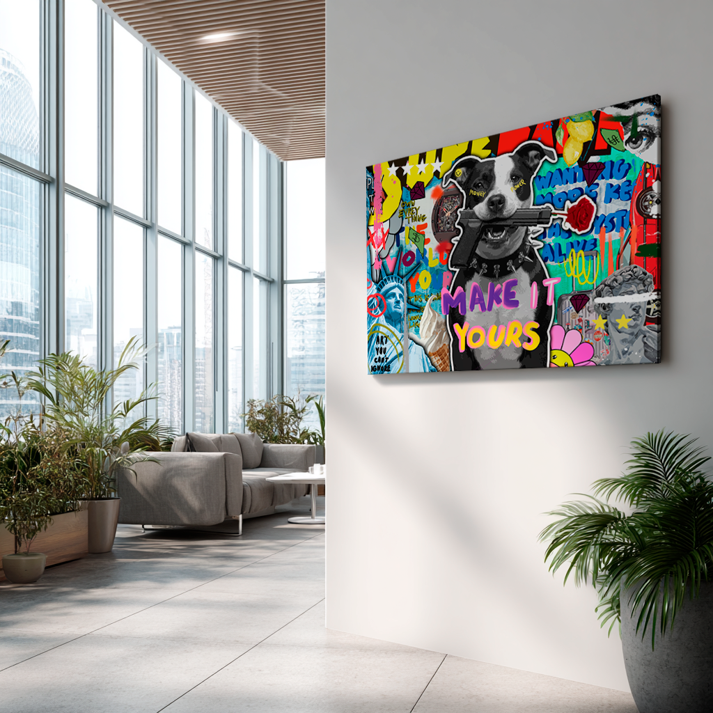 Colorful abstract painting of a dog with text in a modern office setting