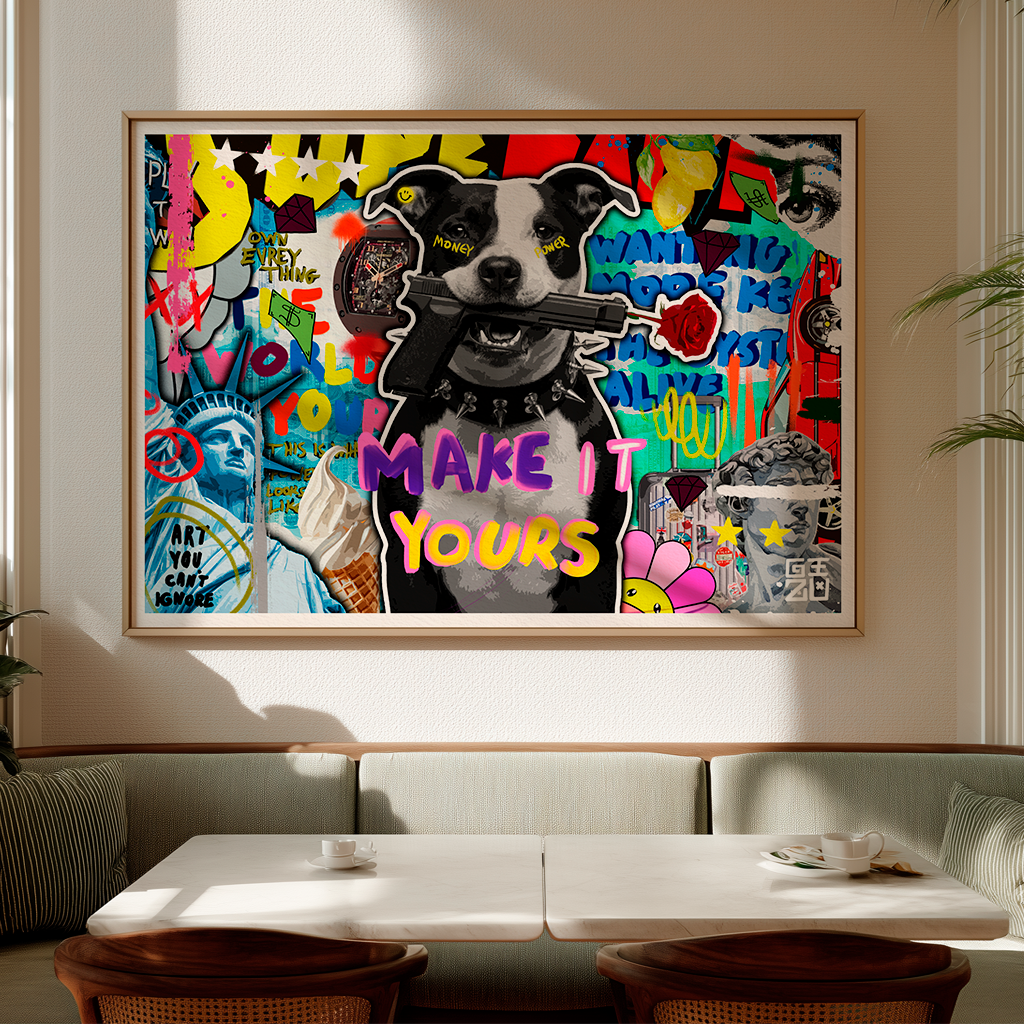 Colorful abstract painting with a dog holding a sign in a modern interior setting.