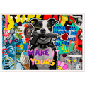 Colorful collage with a dog holding a sign saying 'MAKE IT YOURS' amidst various symbols and text.