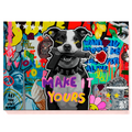 Colorful graphic with a dog holding a sign saying 'MAKE IT YOURS' against a vibrant background.