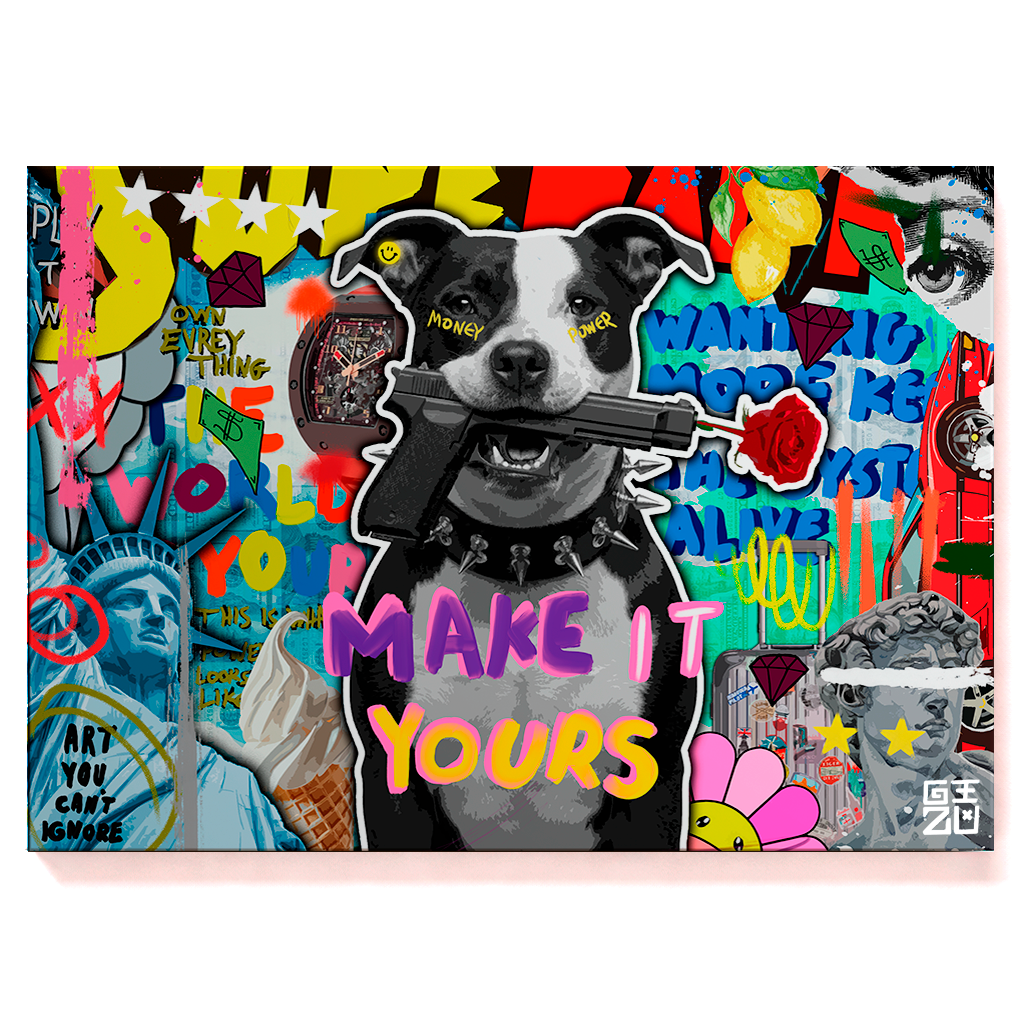 Colorful graphic with a dog holding a sign saying 'MAKE IT YOURS' against a vibrant background.