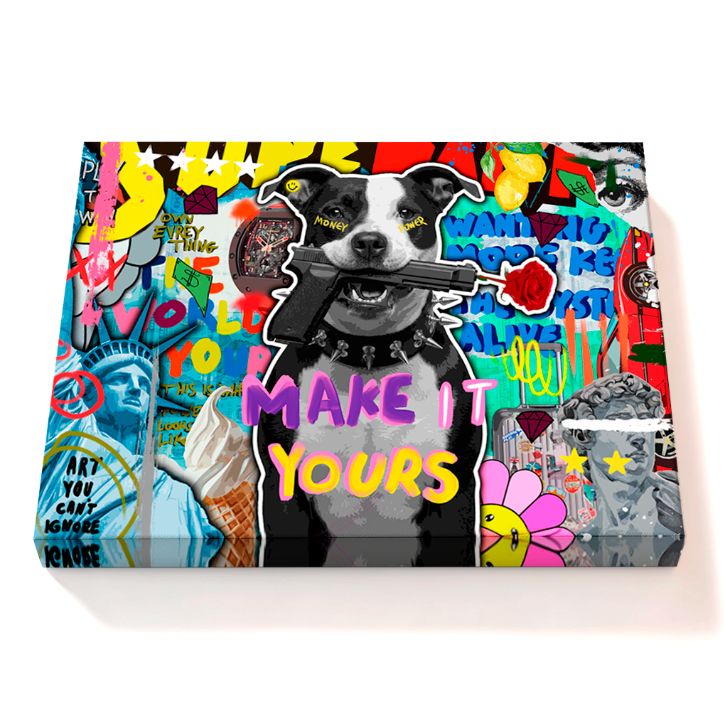 Colorful graphic design with a dog holding a rose and text on a white background