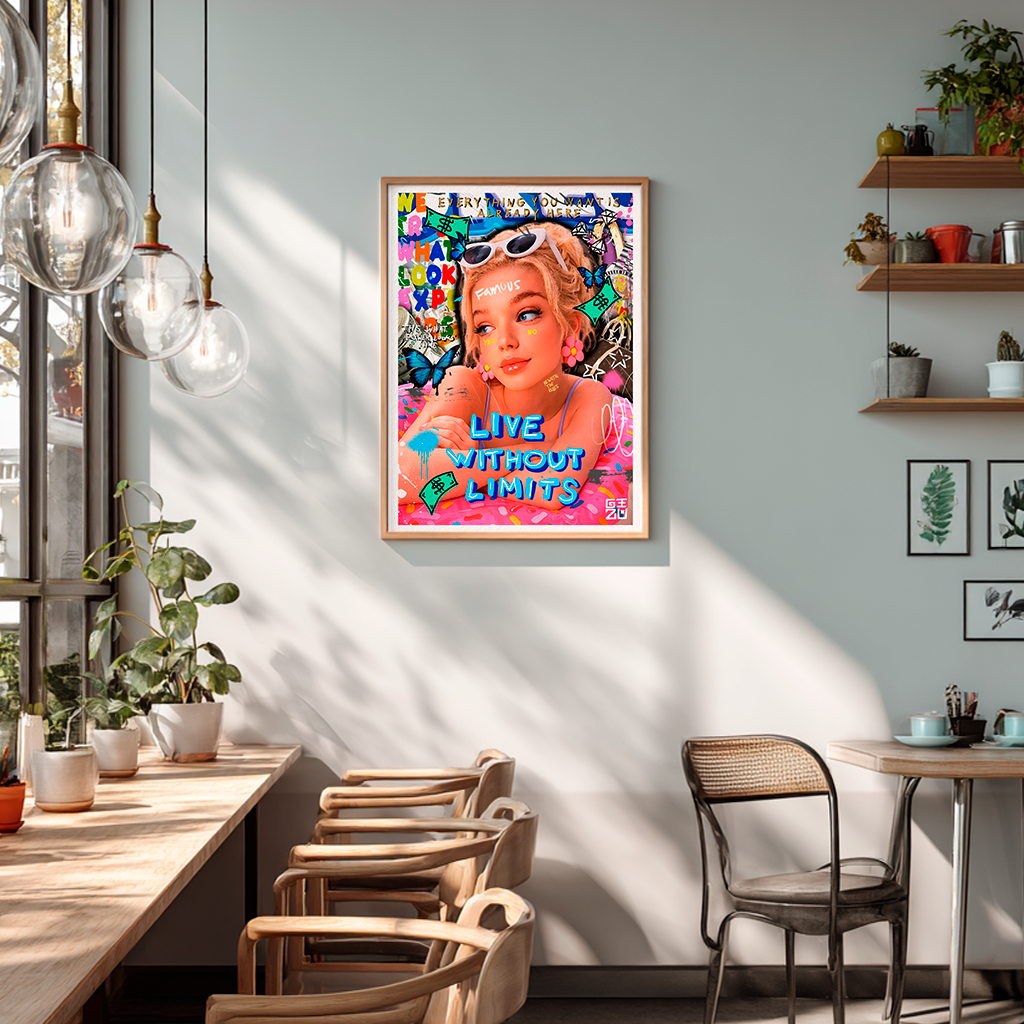 Colorful poster with a woman's face and 'Live Without Limits' text in a modern cafe setting.