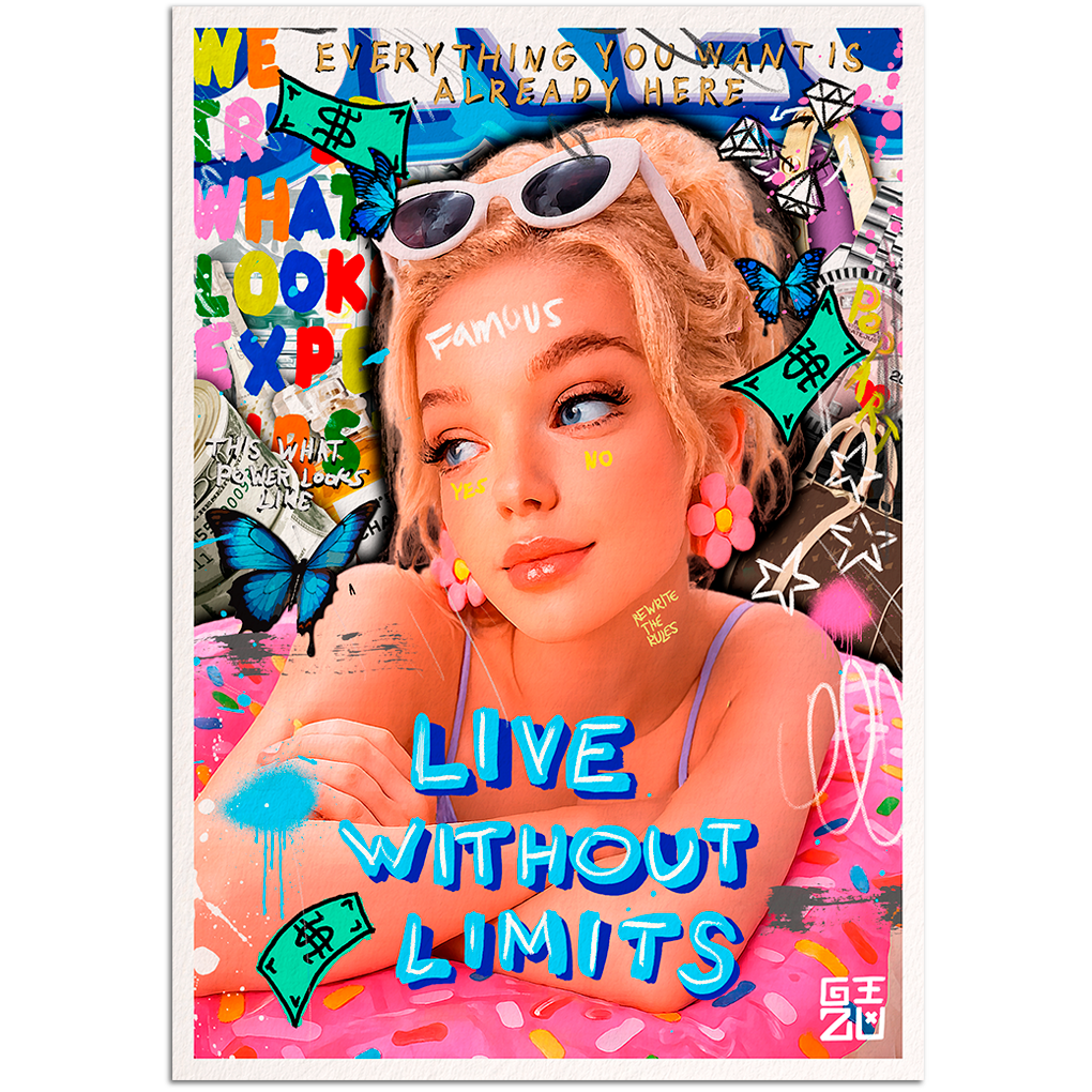 Colorful poster with a young woman wearing sunglasses and text about living without limits.