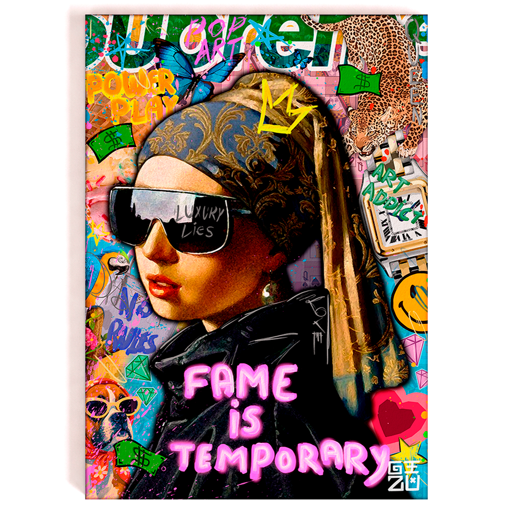 Pop art portrait collage with classical figure wearing sunglasses and "Fame is Temporary" text artwork by GIZU
