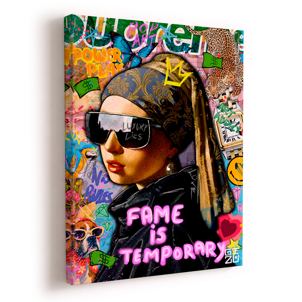Pop art portrait collage with classical figure wearing sunglasses and "Fame is Temporary" text artwork by GIZU