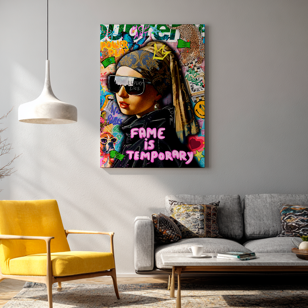 Pop art portrait collage with classical figure wearing sunglasses and "Fame is Temporary" text artwork by GIZU