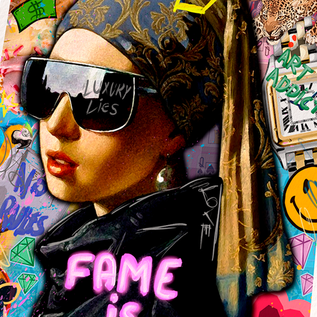 Pop art portrait collage with classical figure wearing sunglasses and "Fame is Temporary" text artwork by GIZU