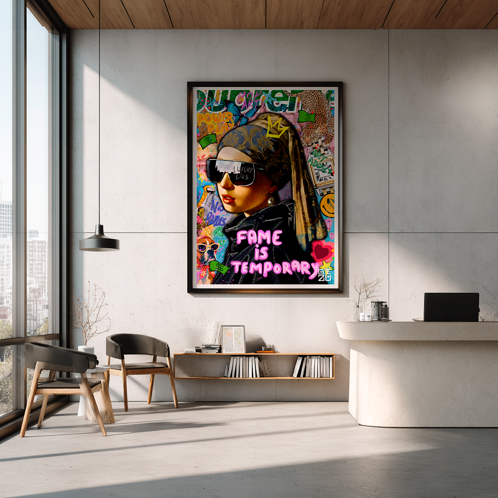 Pop art portrait collage with classical figure wearing sunglasses and "Fame is Temporary" text artwork by GIZU