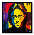 A framed pop art portrait print of John Lennon, rendered in bold yellow, blue, red, black, and purple paint blocks with dripping paint effects, shown against a light gray background.