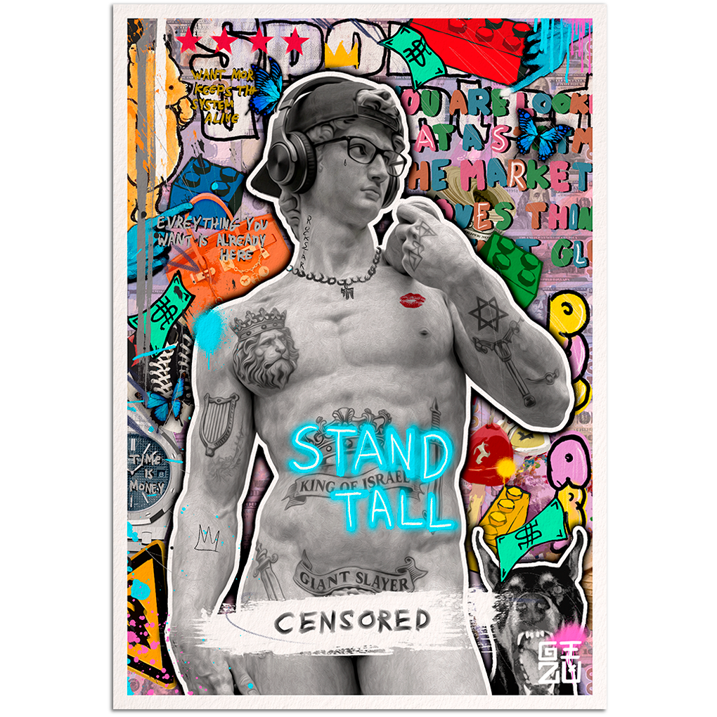 Pop art reinterpretation of David statue with headphones and "Stand Tall" text artwork by GIZU