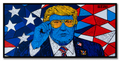 Stylized portrait of a political figure with a colorful geometric background