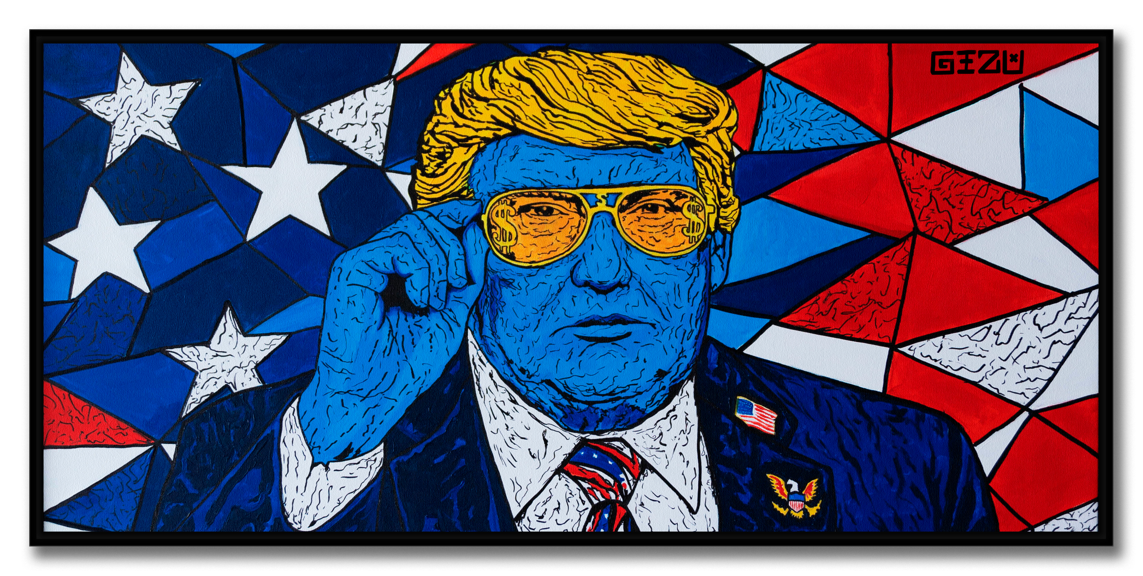 Stylized portrait of a political figure with a colorful geometric background