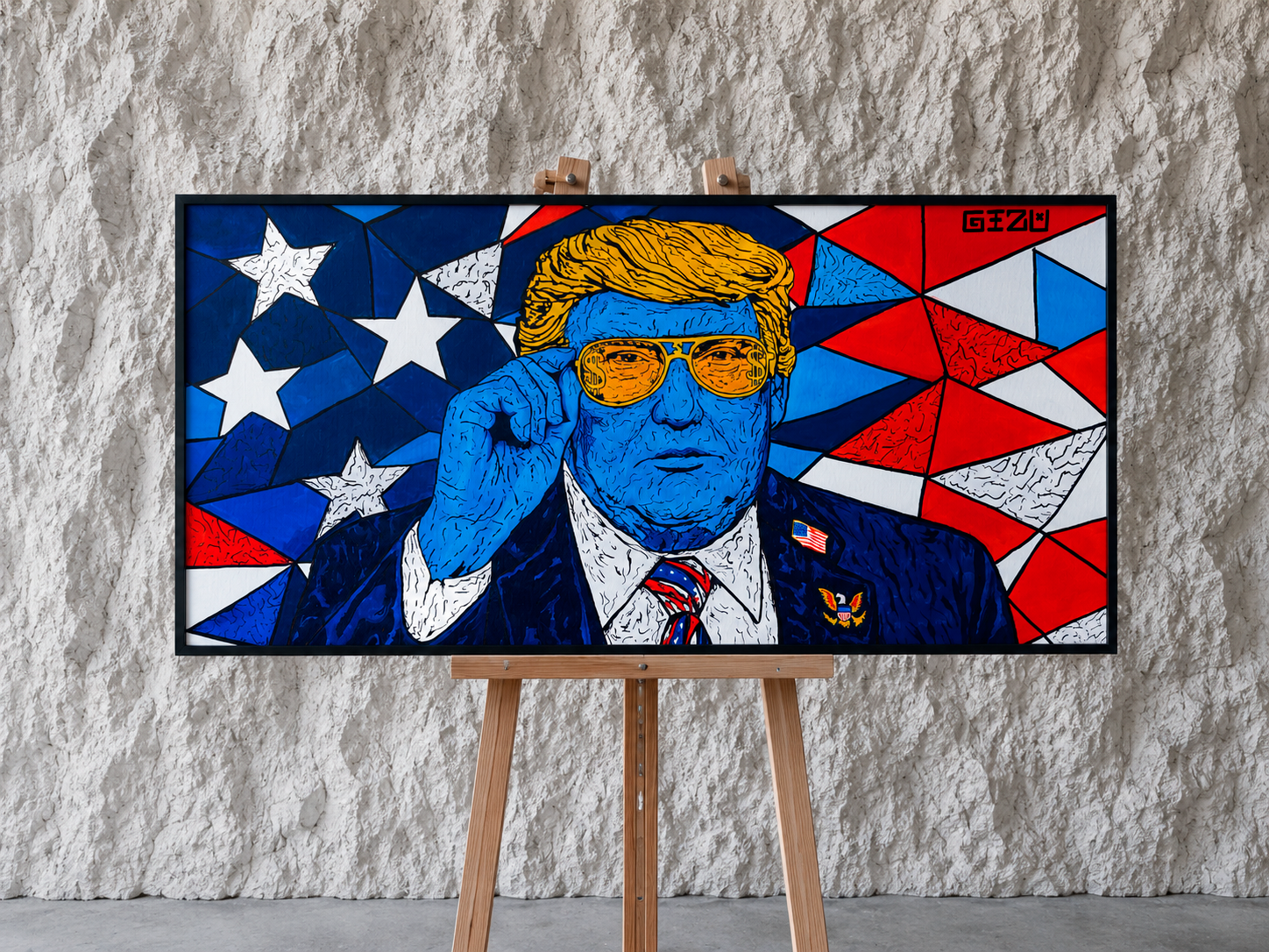 Artistic depiction of a political figure with a colorful geometric background on an easel.